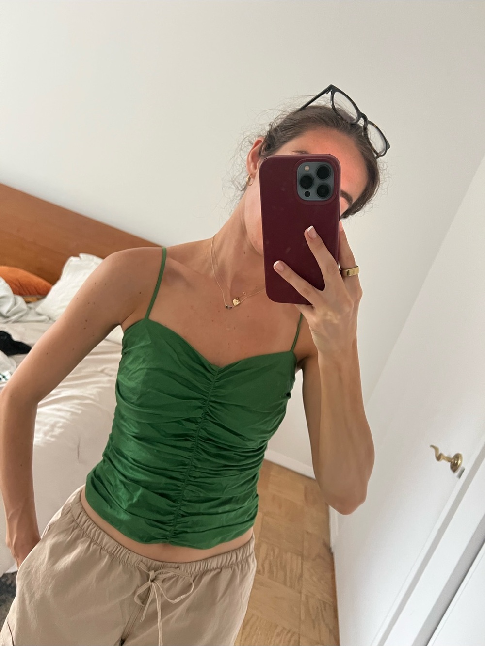 Dynamite Emerald Green Ruched Camisole with Spaghetti Straps